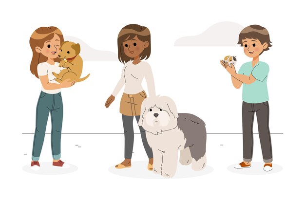 Flat people group with pets