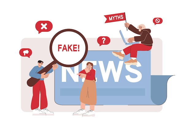 Free Vector flat people scanning fake news published in social network and hoax information on the internet media press man with magnifying glass checking false facts myths propaganda or disinformation online