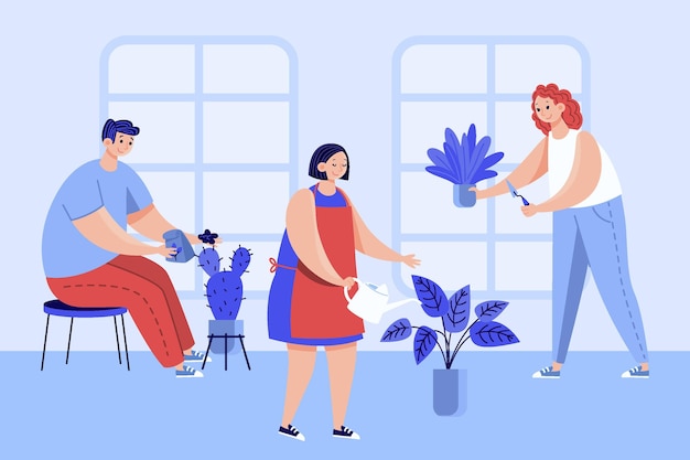 Free Vector flat people taking care of plants illustration