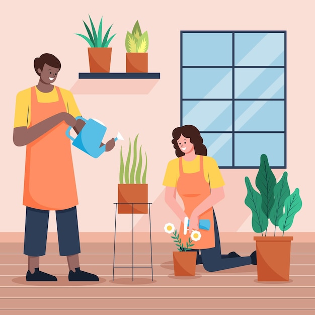 Flat people taking care of plants indoors