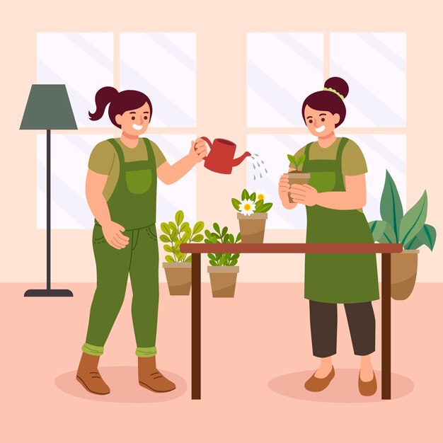 Flat people taking care of plants indoors