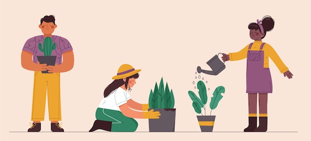 Flat people taking care of plants indoors