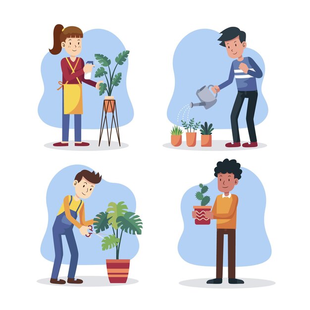 Flat people taking care of plants set