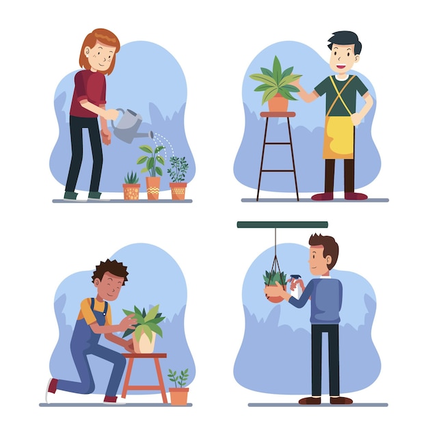 Free Vector flat people taking care of plants set