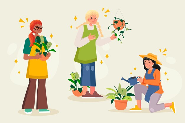 Flat people taking care of plants together