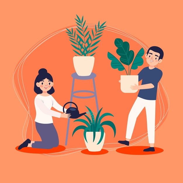 Flat people taking care of plants together