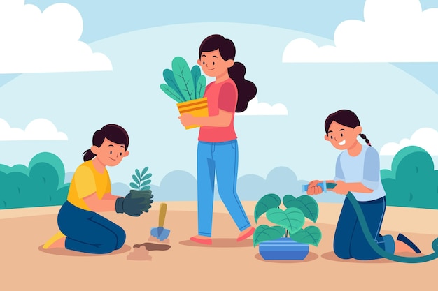 Flat people taking care of plants