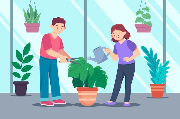 Flat people taking care of plants