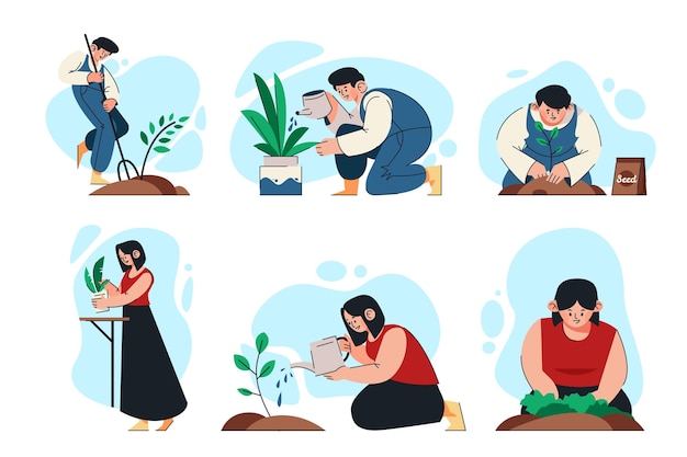 Flat people taking care of plants