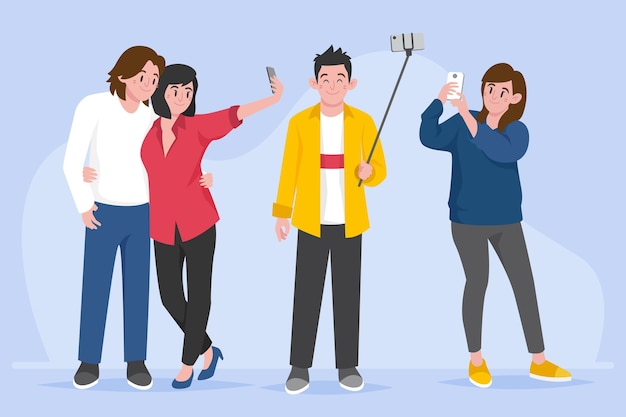 Flat people taking photos with smartphone