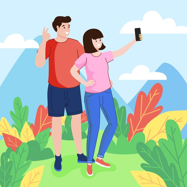 Flat people taking selfie in nature