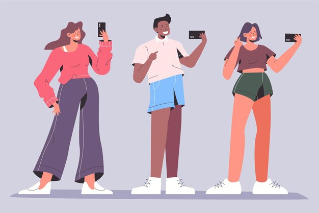 Flat people taking selfies with phone