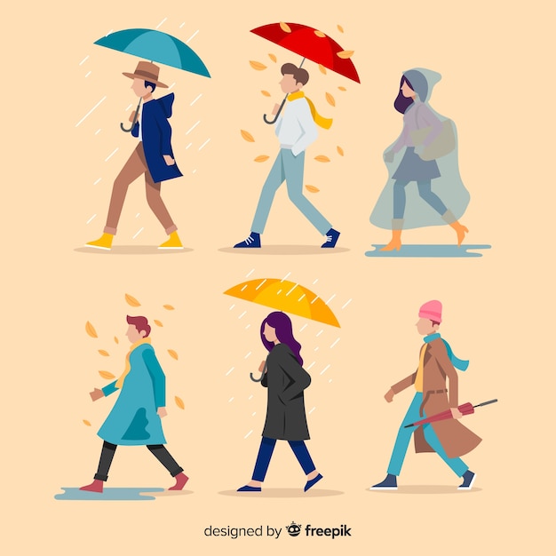 Flat people walking in autumn 