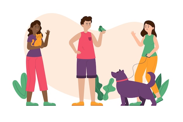 Flat people with pets illustration