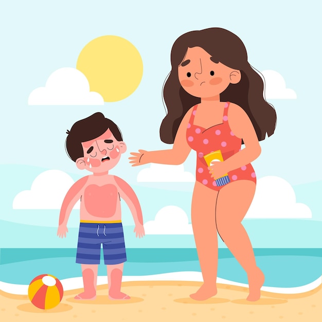 Flat people with a sunburn illustrated