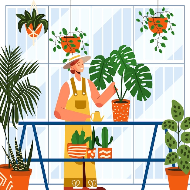 Flat person taking care of plants at home