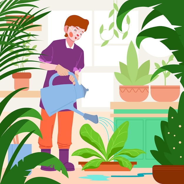 Flat person taking care of plants