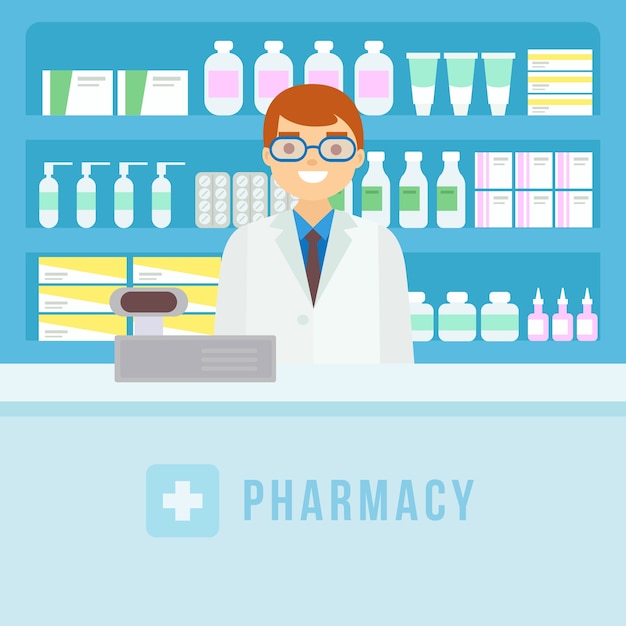 Flat pharmacist attending customers background