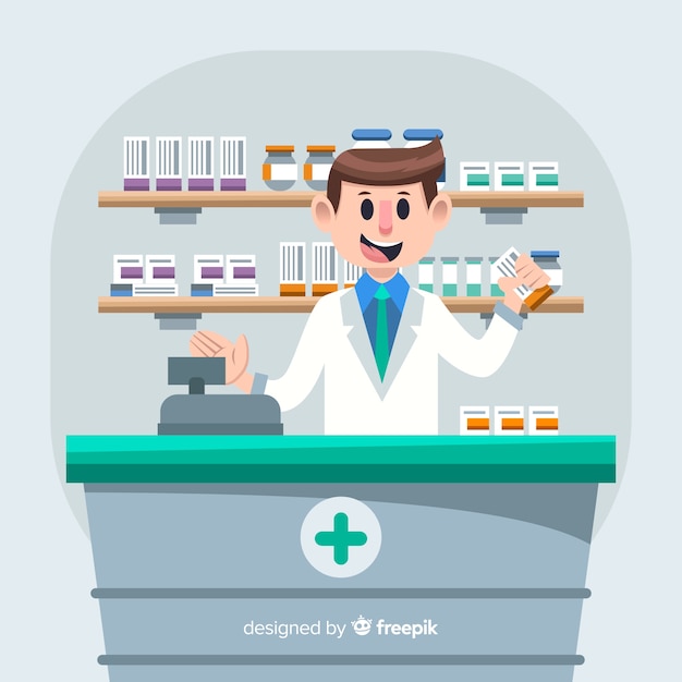 Flat pharmacist attending customers background