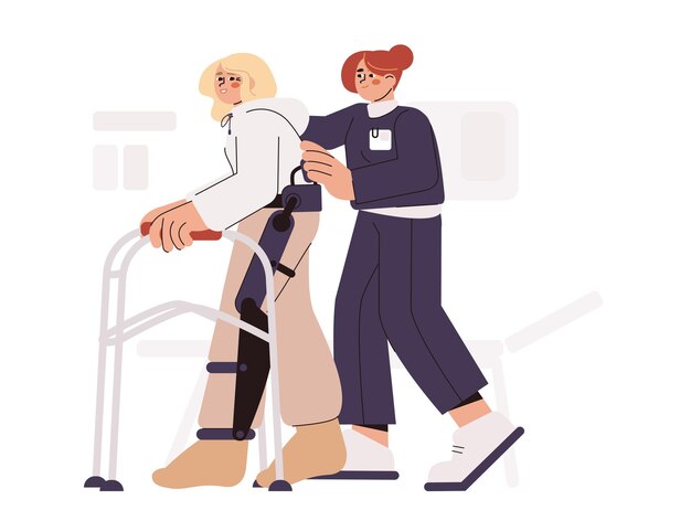 Flat physiotherapy doctor help patient to walk with rehab walkers. Physiotherapist support woman after surgery. Medical rehabilitation concept. Exercises for recovery and mobility leg after injury.