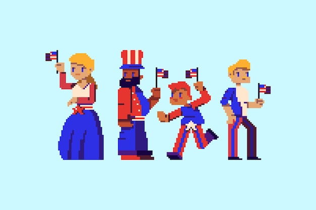 Flat pixel art 4th of july characters