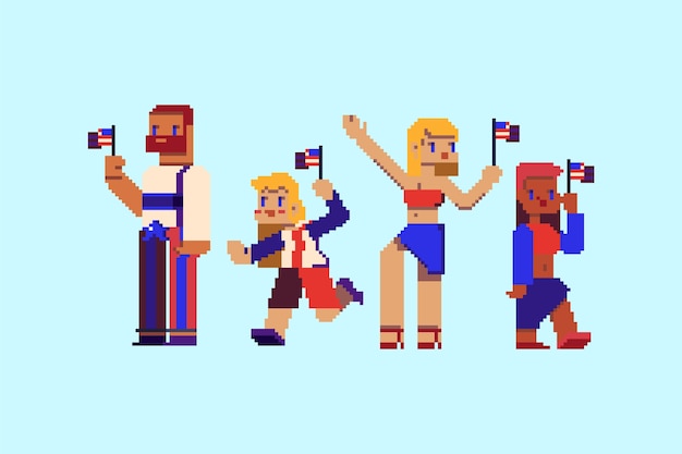 Flat pixel art 4th of july characters