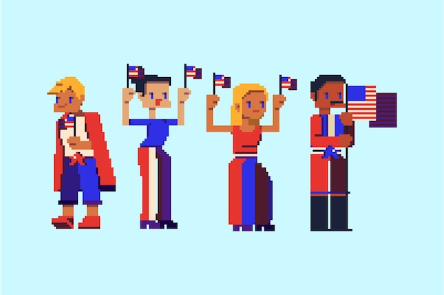 Free vector flat pixel art 4th of july characters