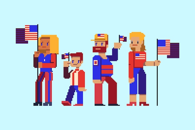 Free Vector flat pixel art 4th of july characters