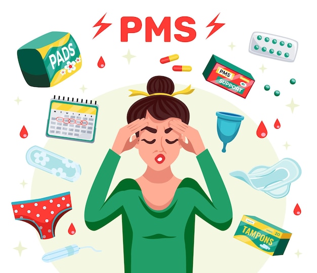 Free Vector flat pms woman composition with menstruation tools and woman with a headache