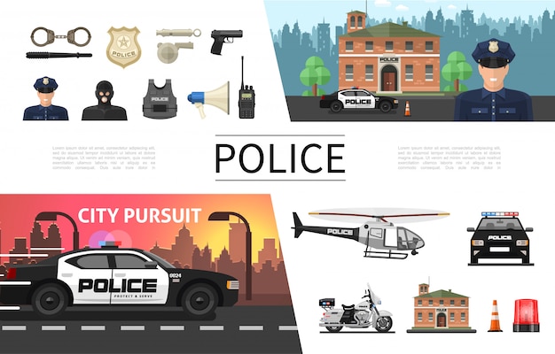 Free Vector flat police elements concept with policeman criminal sheriff badge gun helmet loudspeaker handcuffs helicopter car motorcycle siren radio set 