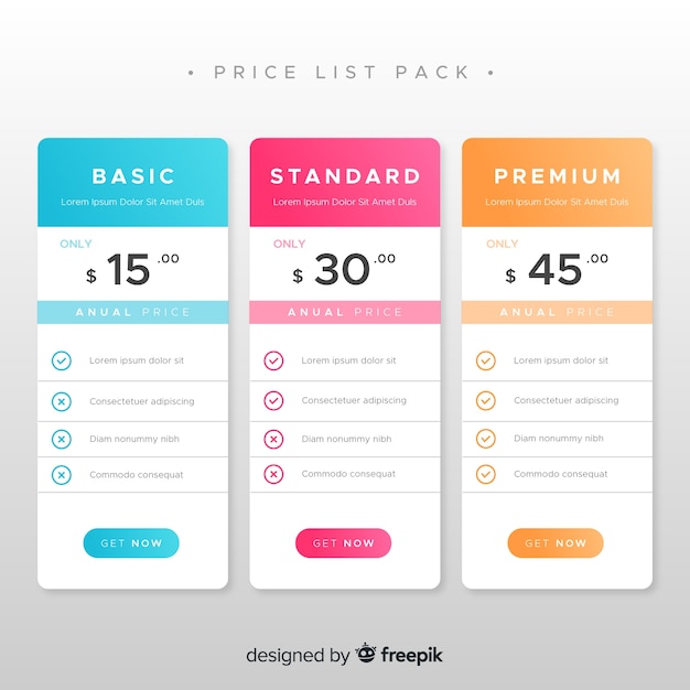 Free vector flat price list collection