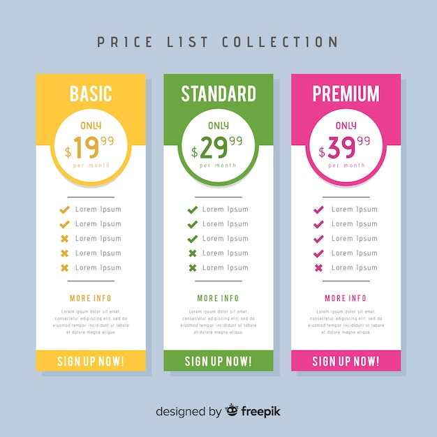 Free Vector flat price list collection