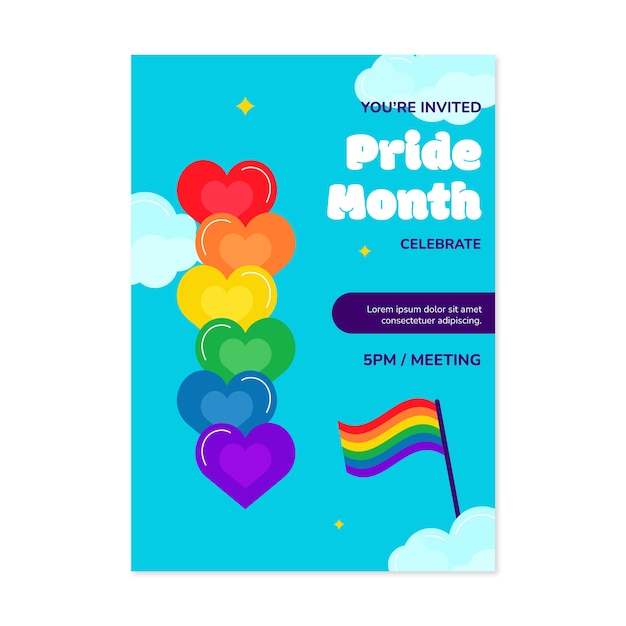 Flat pride month invitation template with rainbow