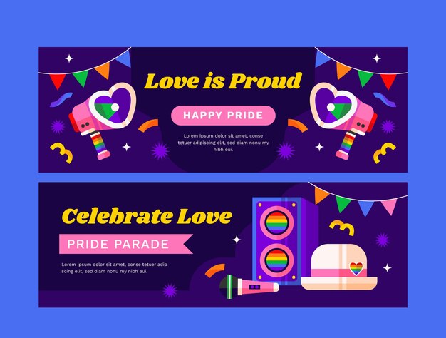 Flat pride month lgbt horizontal banners collection