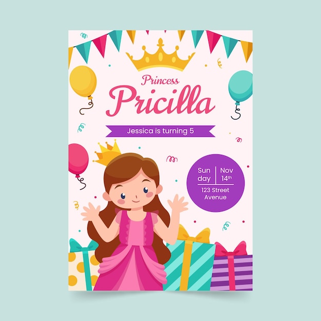 Flat princess birthday invitation template