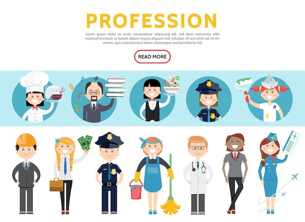 Free Vector flat professions set with engineer accountant police officers maid doctor stylist stewardess