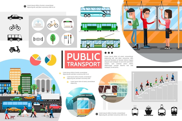 Flat public transport elements composition with bus trolleybus subway bicycle light traffic passengers city