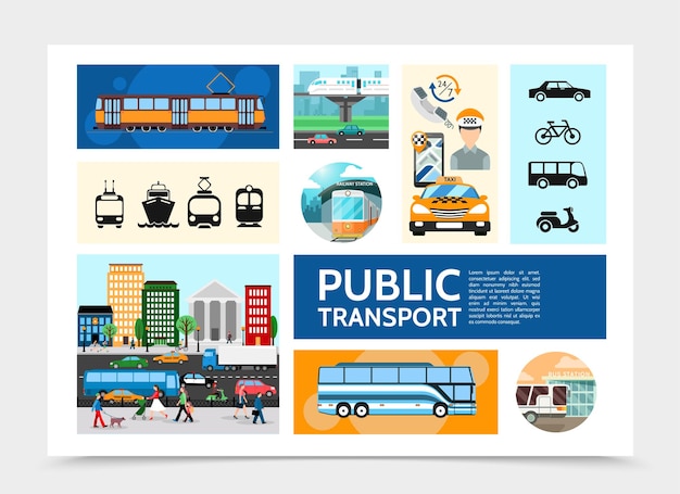 Flat public transport infographic with tram taxi operator road traffic bus subway cruise ship scooter bicycle illustration