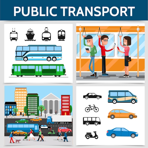 Flat public transport square concept with cars bicycle bus trolleybus scooter cruise ship tram train passengers