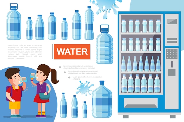 Flat pure water concept with boy and girl drinking water liquid splashes and showcase refrigerator for cooling drinks