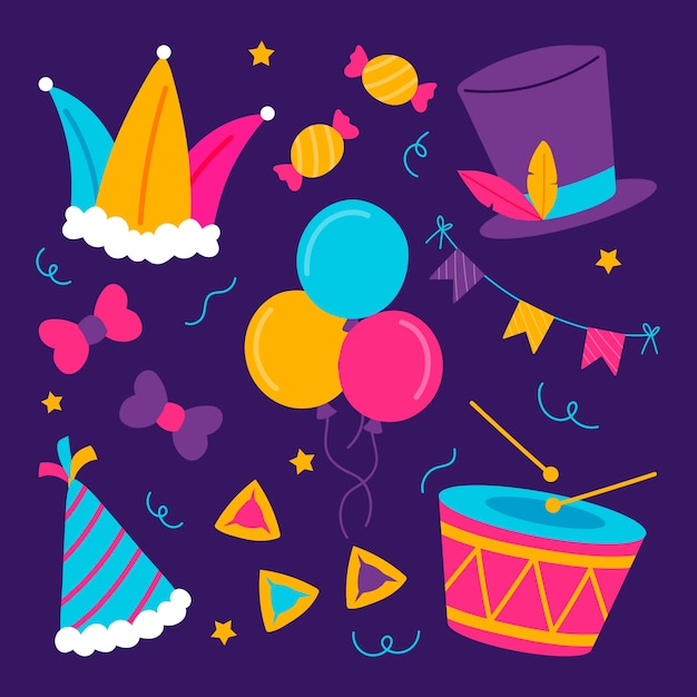 Free Vector flat purim elements collection