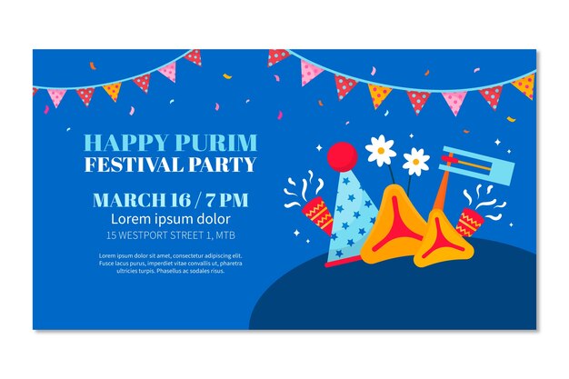 Flat purim horizontal banner