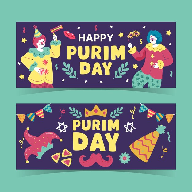 Flat purim horizontal banners set