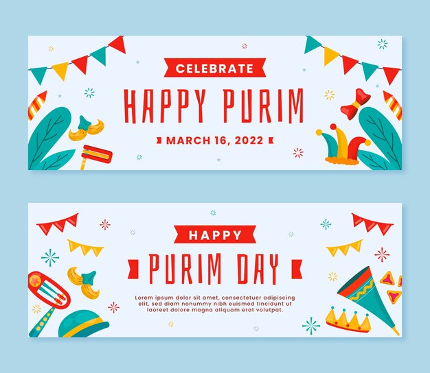 Flat purim horizontal banners set