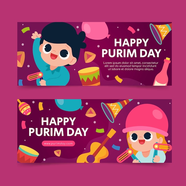 Flat purim horizontal banners set