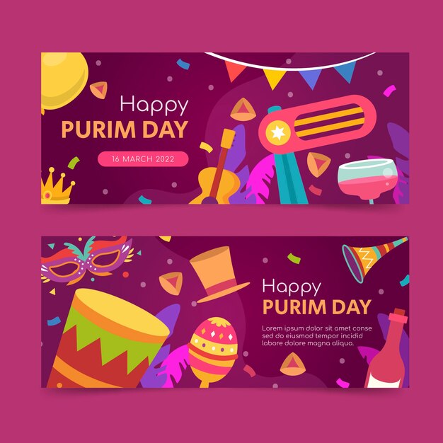 Flat purim horizontal banners set