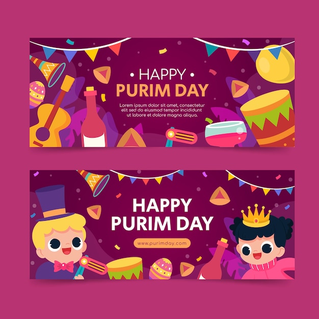 Flat purim horizontal banners set