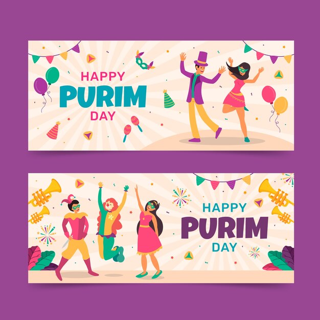 Flat purim horizontal banners set