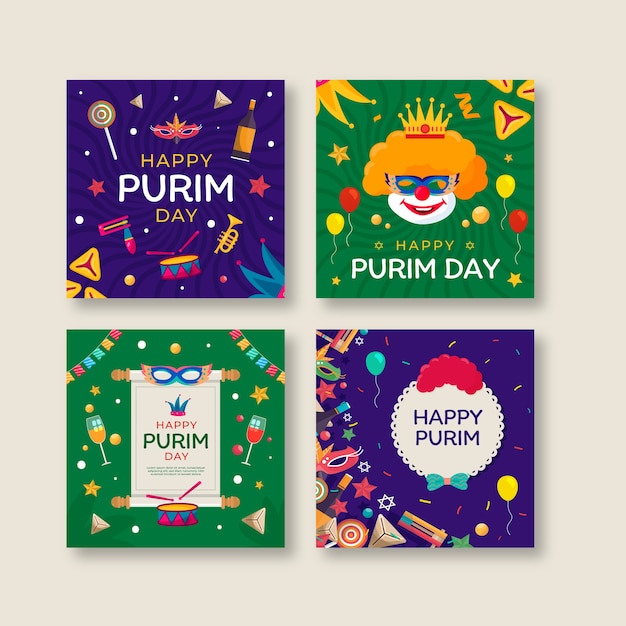 Free vector flat purim instagram posts collection