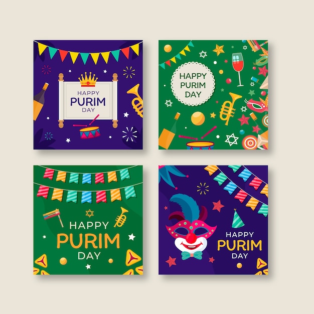 Free vector flat purim instagram posts collection